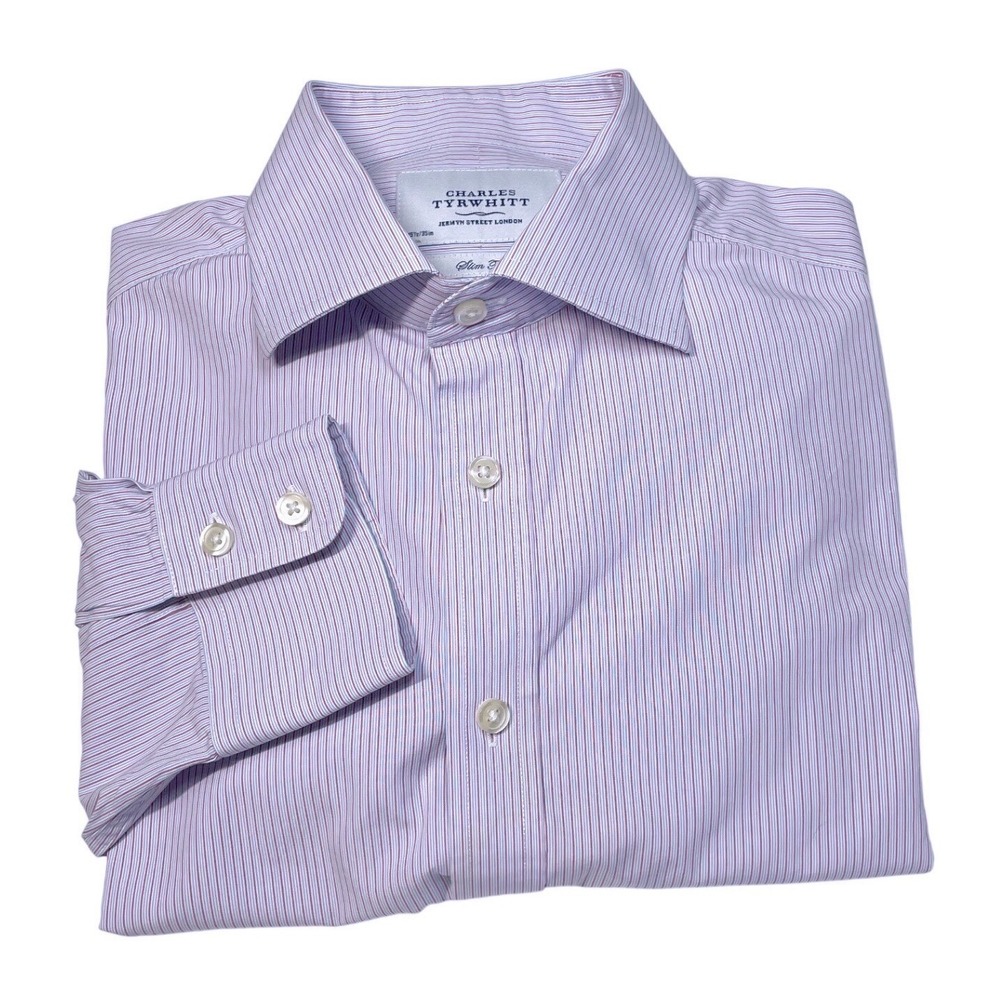 Charles Tyrwhitt Mens Dress Shirt Blue/Red Stripe Cotton Blend Size 15.5 35